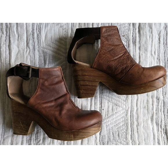 Free People Amber Orchard Clog Brown Leather Wood Heel Ankle Strap EU 38 - Picture 2 of 8